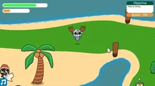 A moose-antlered creature on the beach